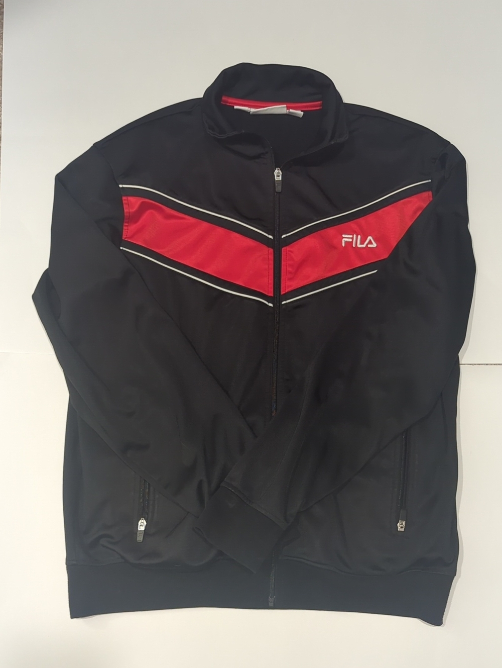 Vintage Fila Full-Zip Track Jacket Black with Red Chevron Detail